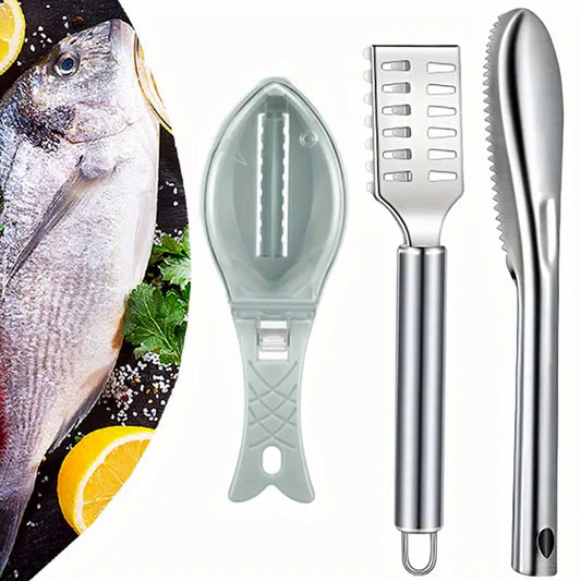 3pcs with Serrated Edge Fish Scale Scraper, Stainless Steel Fish Scale Removal Brush, Multifunctional Seafood Knife, Fish Scale Remover, Fish Scale Planer, Kitchen Tool