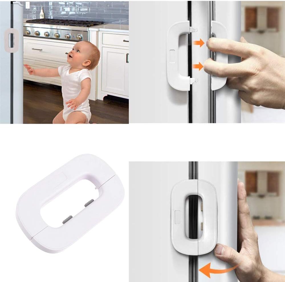 Child Safety Refrigerator Lock- Self Adhesive Fridge And Freezer Door Lock with Double Safety Button And Easy one Hand Operation