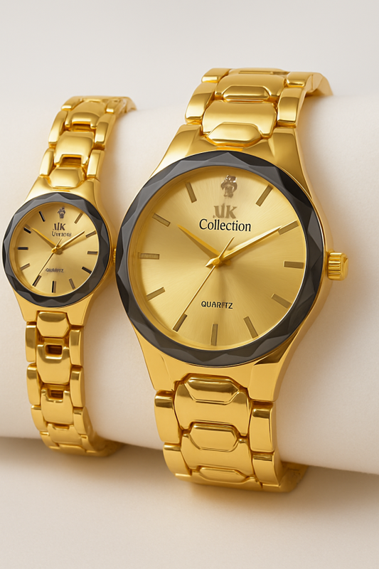 Gold Couple Watch Set – Luxury Quartz Timepieces For Him & Her With Polished Bracelet Design