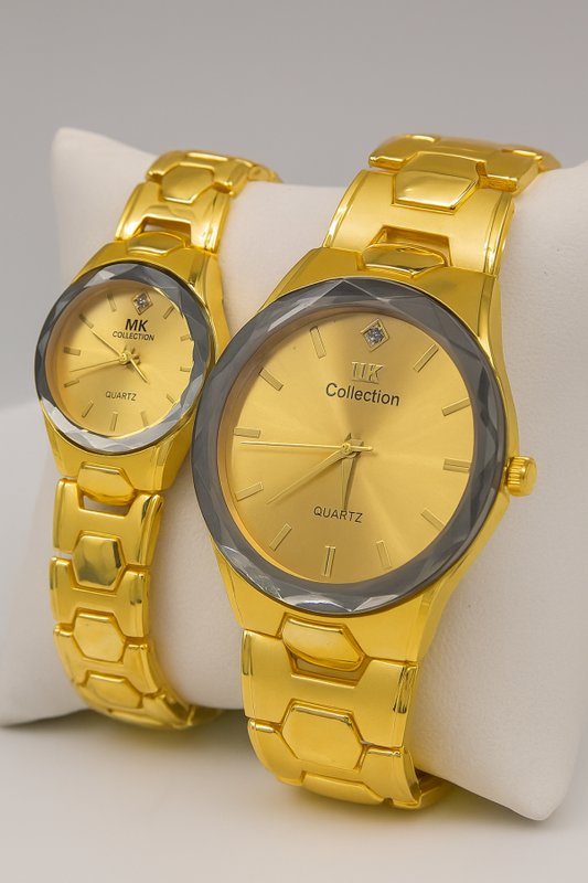 Gold Couple Watch Set – Luxury Quartz Timepieces For Him & Her With Polished Bracelet Design