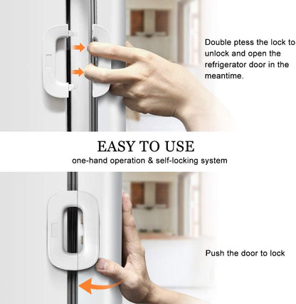 Child Safety Refrigerator Lock- Self Adhesive Fridge And Freezer Door Lock with Double Safety Button And Easy one Hand Operation